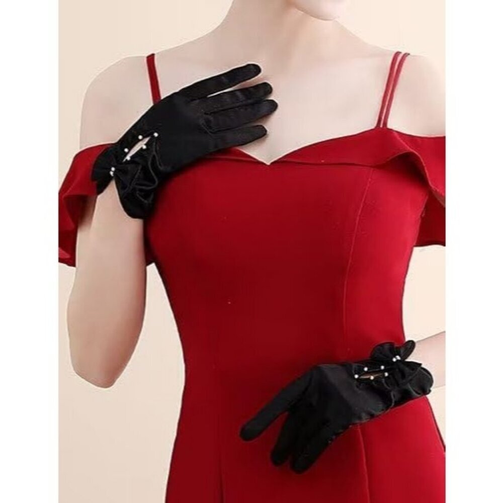 Women's White Short Satin Bow Gloves Flapper Halloween Party Tea Accessories - Picture 3 of 6